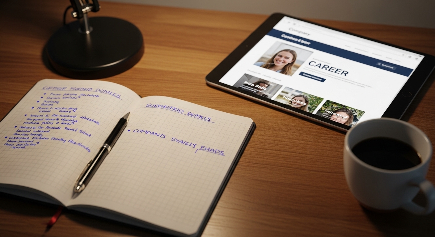 Sổ tay mở với các ghi chú về mẹo phỏng vấn chuyên nghiệp, cạnh máy tính bảng hiển thị trang tuyển dụng công ty trên bàn làm việc với bút và cà phê, ánh sáng dịu nhẹ.