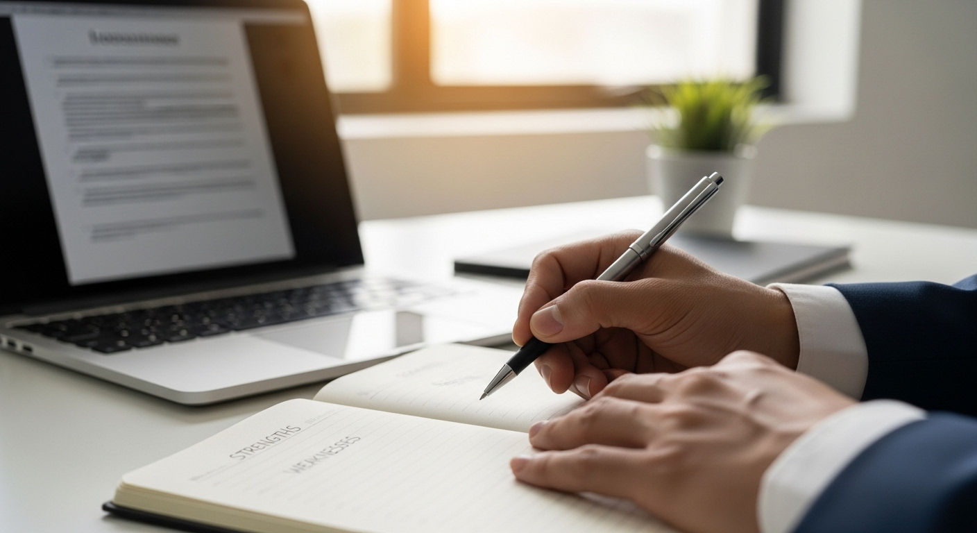 Cận cảnh tay cầm bút ghi chép điểm mạnh, điểm yếu vào sổ tay, chuẩn bị trả lời các câu hỏi phỏng vấn thường gặp trên bàn làm việc.