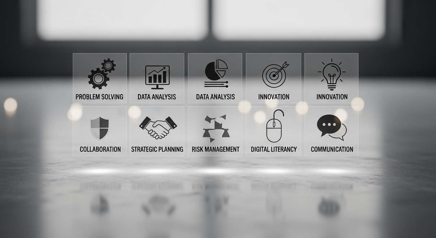 Bố cục lưới rõ ràng các biểu tượng kỹ năng chuyên nghiệp cùng mô tả ngắn gọn, minh họa các năng lực quan trọng cần thể hiện khi tìm hiểu cách viết CV chuyên nghiệp.