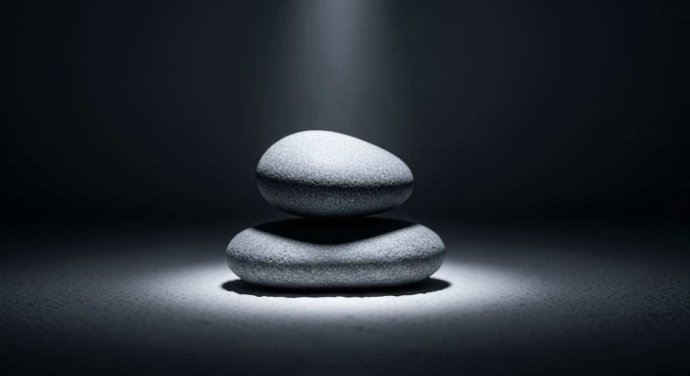 Hòn đá sông xám mượt mà cân bằng tinh tế trên nền sáng, gợi suy ngẫm về sự ổn định giữa biến động của layoff ngành công nghệ.
