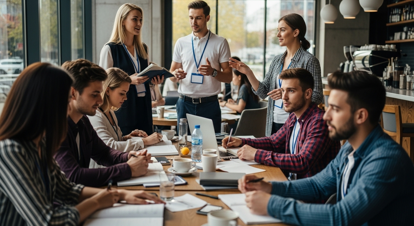 Nhóm sinh viên đại học đa dạng vừa học vừa làm linh hoạt tại quán cà phê hiện đại, đeo thẻ tên nhân viên, lý tưởng cho ứng viên quan tâm KFC tuyển dụng 2025.