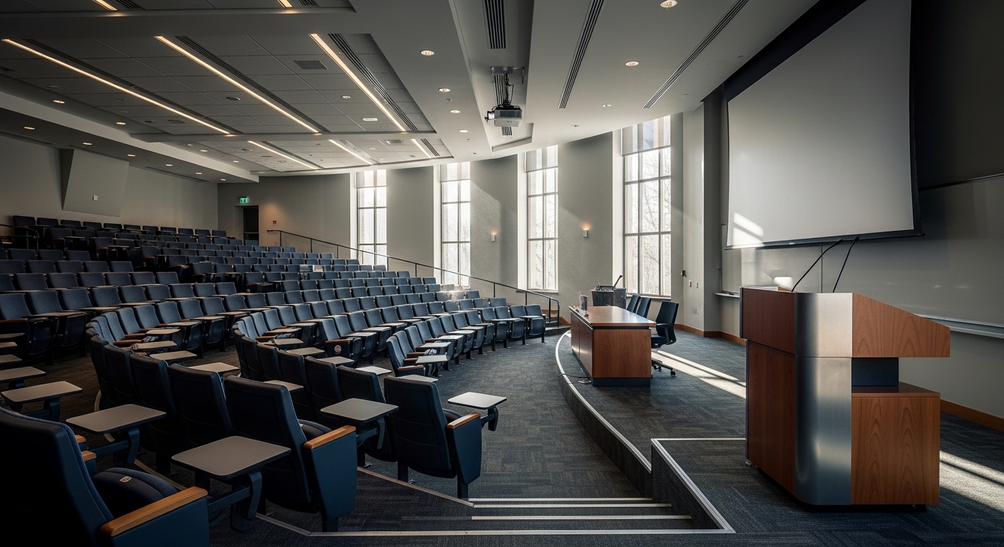 Giảng đường đại học hiện đại, rộng rãi với ghế xếp tầng tiện nghi, màn hình chiếu lớn và bục giảng hiện đại, ngập tràn ánh sáng tự nhiên – không gian học tập đẳng cấp của trường đại học tốt nhất Hà Nội.