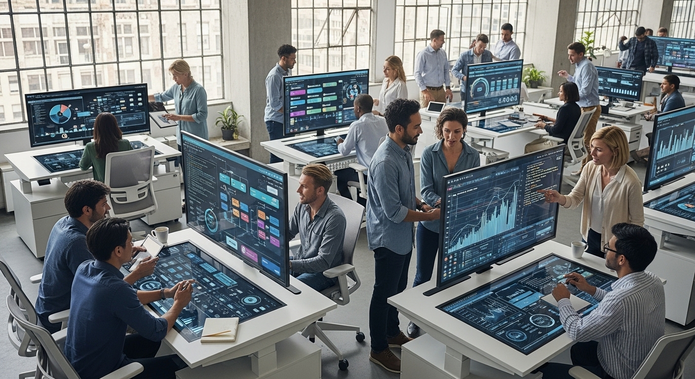 Hình ảnh chuyên gia đa dạng làm việc nhóm trong văn phòng hiện đại với màn hình kỹ thuật số, minh họa sự hợp tác hiệu quả và tác động của AI đến việc làm khi công nghệ giúp tăng cường năng suất và giải quyết vấn đề.