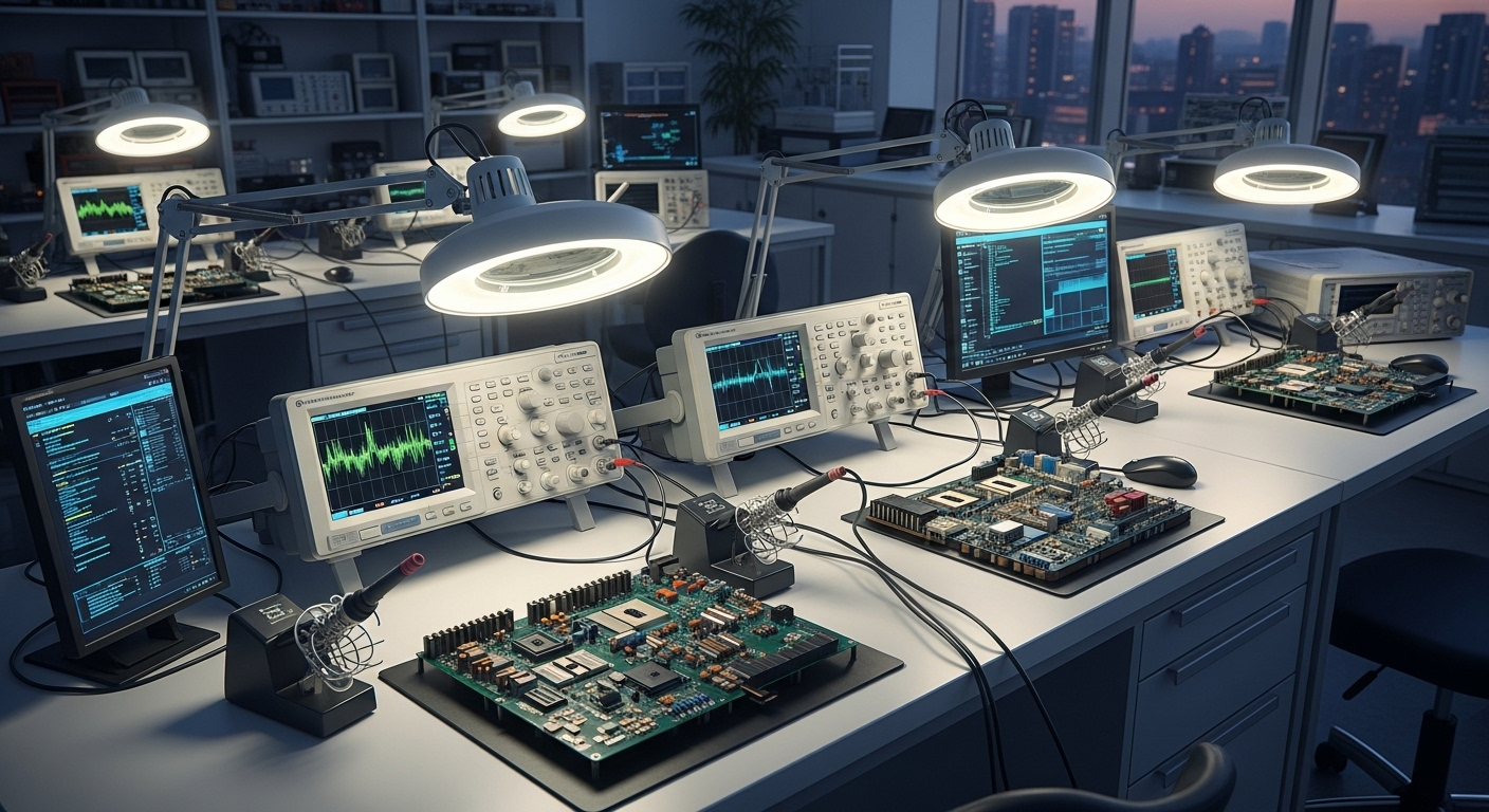 Phòng thí nghiệm R&D hiện đại với thiết bị điện tử tiên tiến, biểu trưng cho sự phát triển của TOP 10 Công ty Công nghệ hàng đầu Việt Nam.