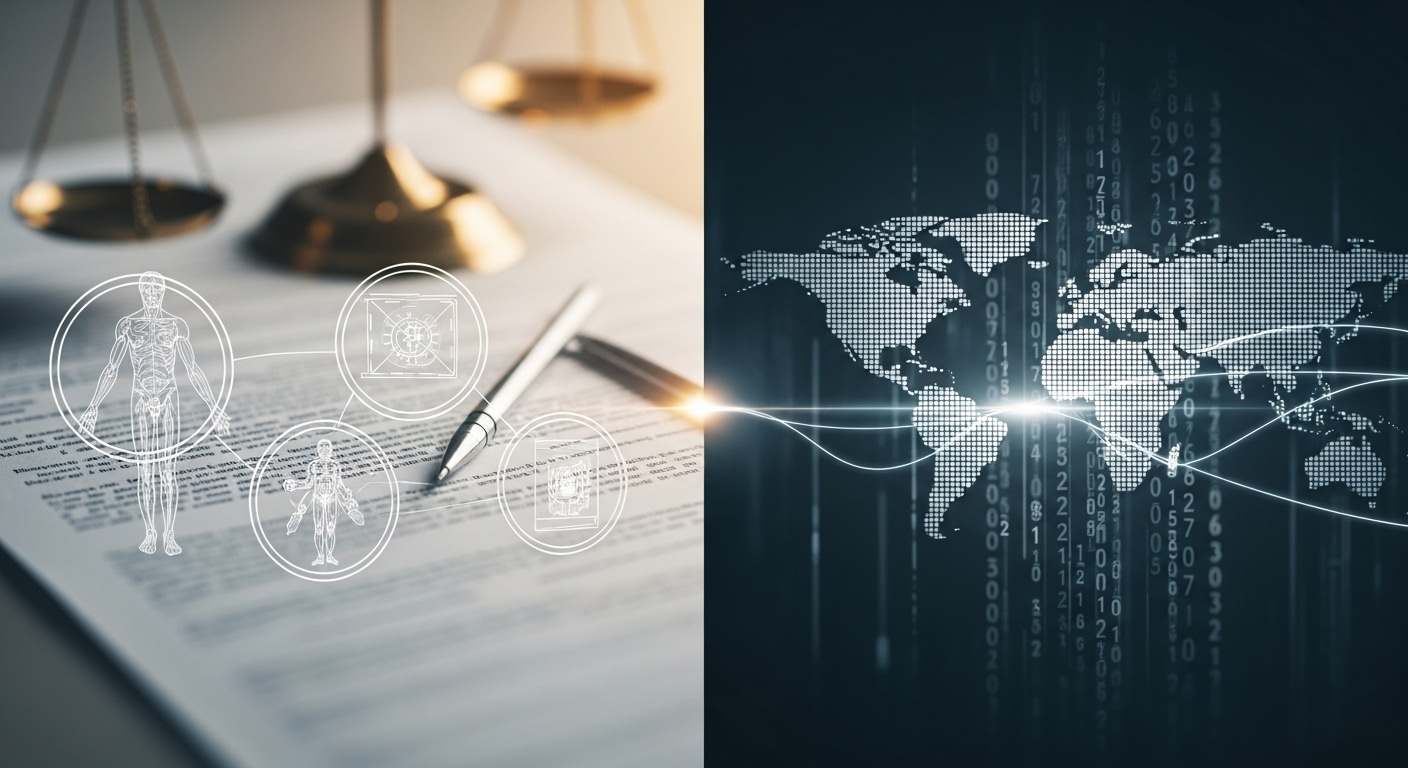 Bố cục hiện đại kết nối các lĩnh vực pháp lý, y tế, công nghệ toàn cầu bằng đường sáng, tượng trưng cho giao tiếp chuyên nghiệp. Thể hiện vai trò cầu nối của các dịch vụ ngôn ngữ, đặc biệt là phiên dịch tiếng Anh.