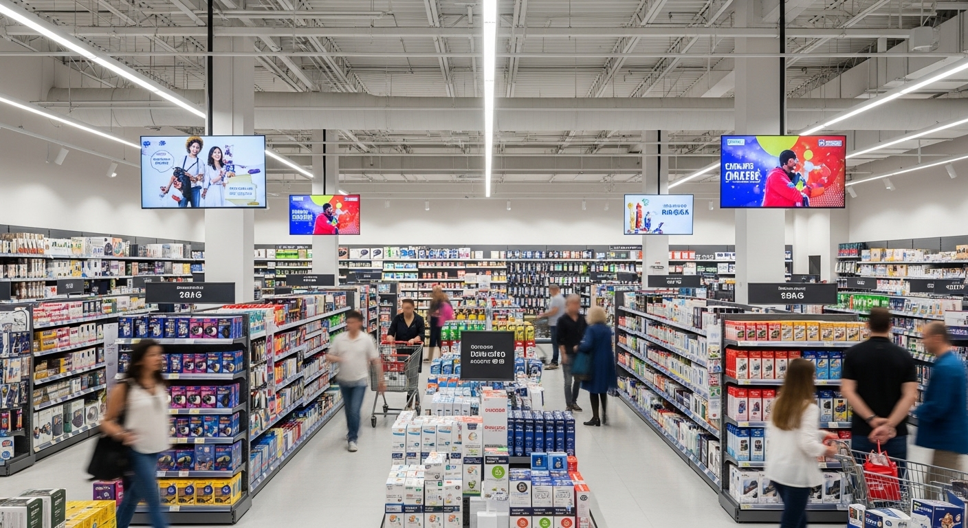 Nội thất cửa hàng bán lẻ hiện đại, sáng sủa với các kệ sản phẩm tiêu dùng đa dạng và màn hình kỹ thuật số hiển thị khuyến mãi, thể hiện quy mô của một tập đoàn lớn nhất Việt Nam.