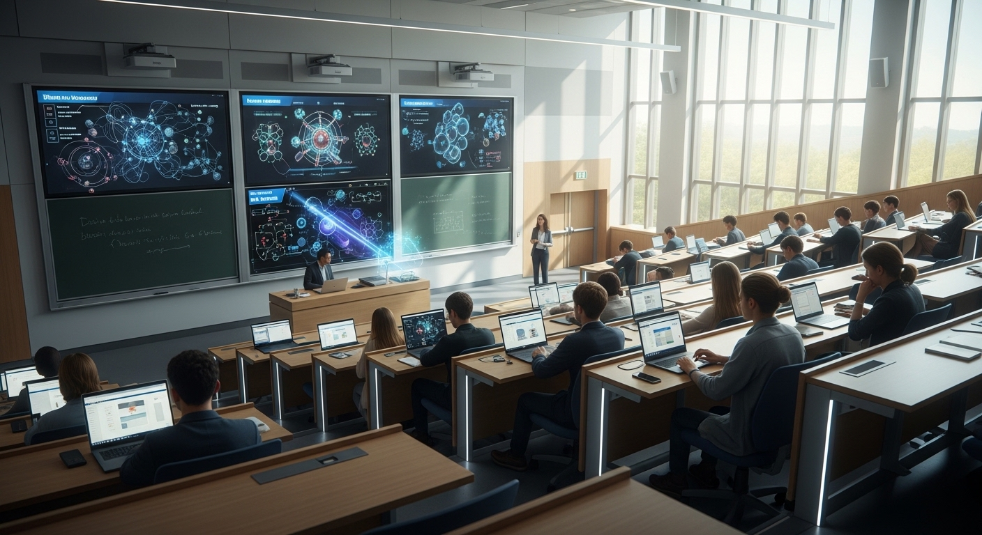 Sinh viên học tập trong giảng đường đại học hiện đại với bảng kỹ thuật số, phản ánh môi trường giáo dục chất lượng cao, góp phần vào xếp hạng đại học Việt Nam.