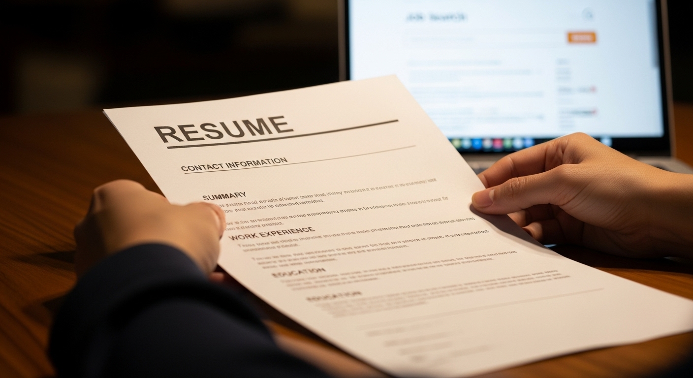 Sơ yếu lý lịch (CV) chuyên nghiệp trong tay trên bàn gỗ, với màn hình laptop mờ hiển thị website tìm việc. Bối cảnh chuẩn bị phỏng vấn cho các cơ hội việc làm thêm cho sinh viên tại Hà Nội.