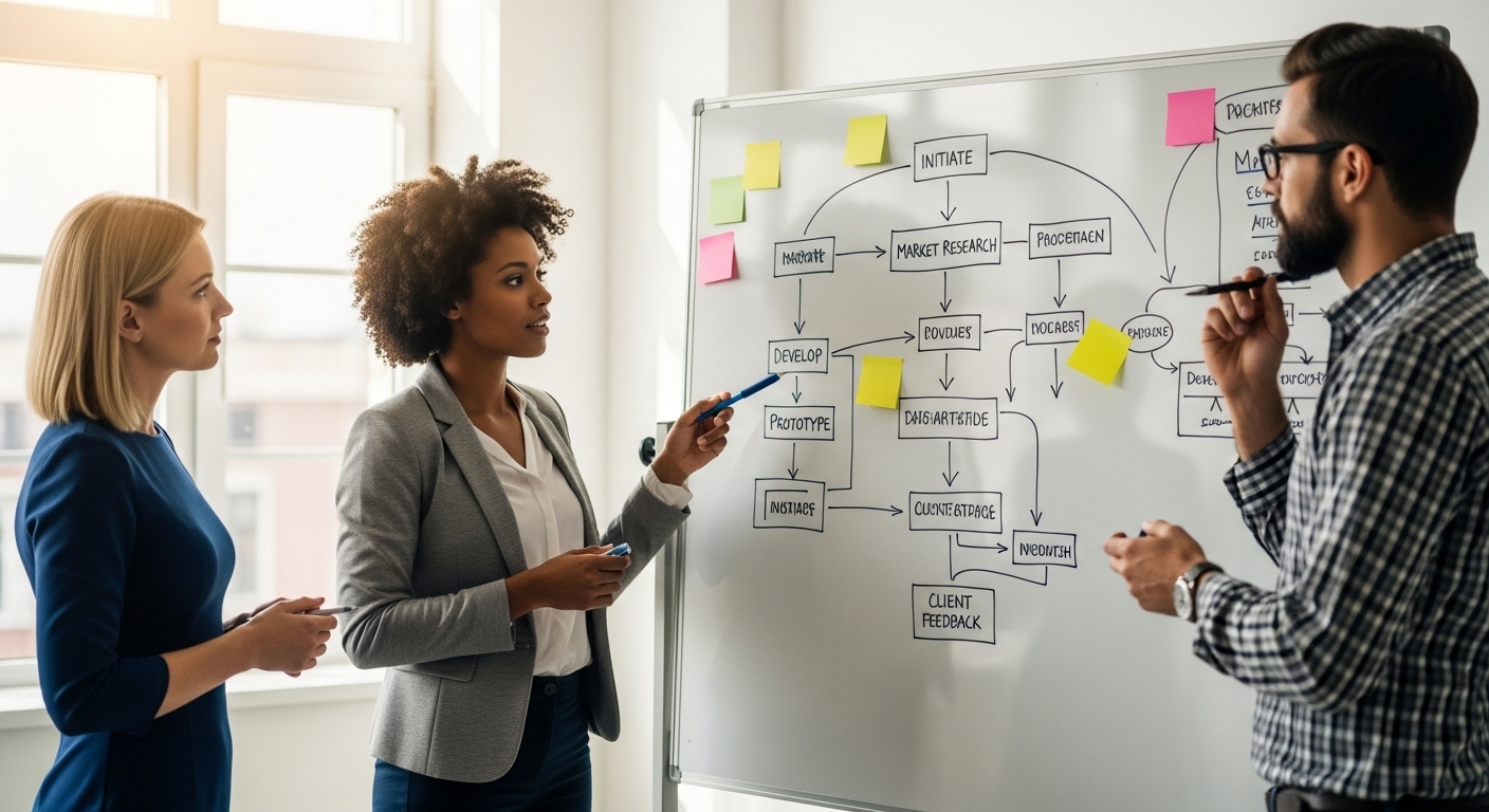 Ba chuyên gia đang thảo luận chiến lược và phân tích các câu hỏi phỏng vấn xin việc trên bảng trắng.