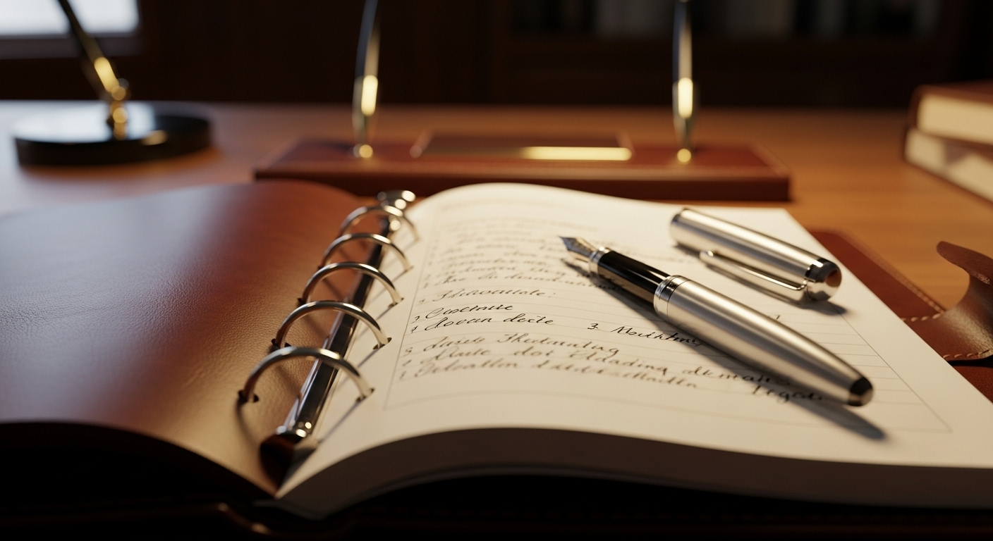 Sổ tay da cao cấp mở ra với bút máy đặt trên trang giấy có ghi chú cẩn thận, gợi nhắc việc chuẩn bị kỹ lưỡng cho cách trả lời phỏng vấn chuyên nghiệp và hiệu quả.