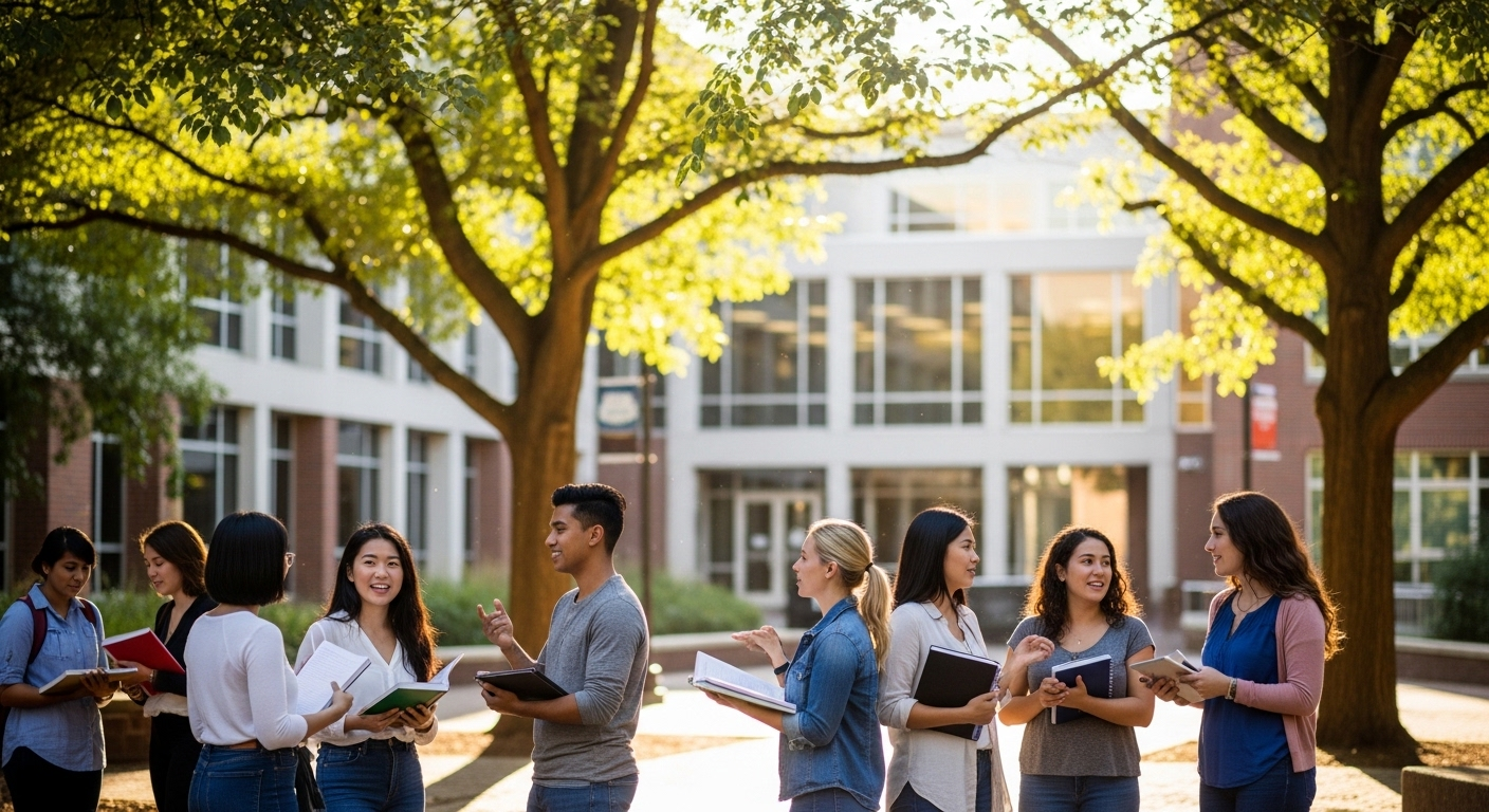 Sinh viên đa dạng trò chuyện và học tập tại sân trường hiện đại dưới bóng cây xanh, phản ánh môi trường năng động tại các top 20 trường đại học tốt nhất miền Bắc. Sinh viên đa dạng trò chuyện và học tập tại sân trường hiện đại dưới bóng cây xanh, phản ánh môi trường năng động tại các top 20 trường đại học tốt nhất miền Bắc.