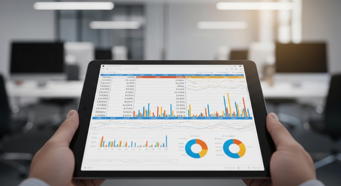 Màn hình máy tính bảng hiển thị bảng tính tài chính chi tiết, giúp xác định và đạt được mục tiêu nghề nghiệp kế toán thông qua phân tích dữ liệu chính xác.