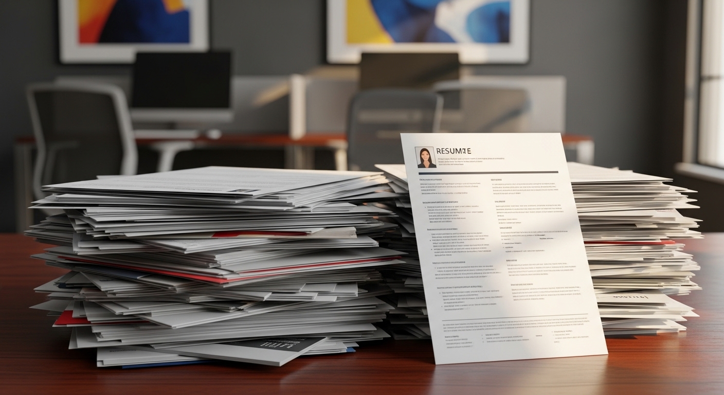 Một chồng hồ sơ xin việc chuyên nghiệp trên bàn gỗ, chờ nhà tuyển dụng xem xét. Cần cẩn trọng phát hiện nói dối trong CV trong quá trình tuyển dụng.