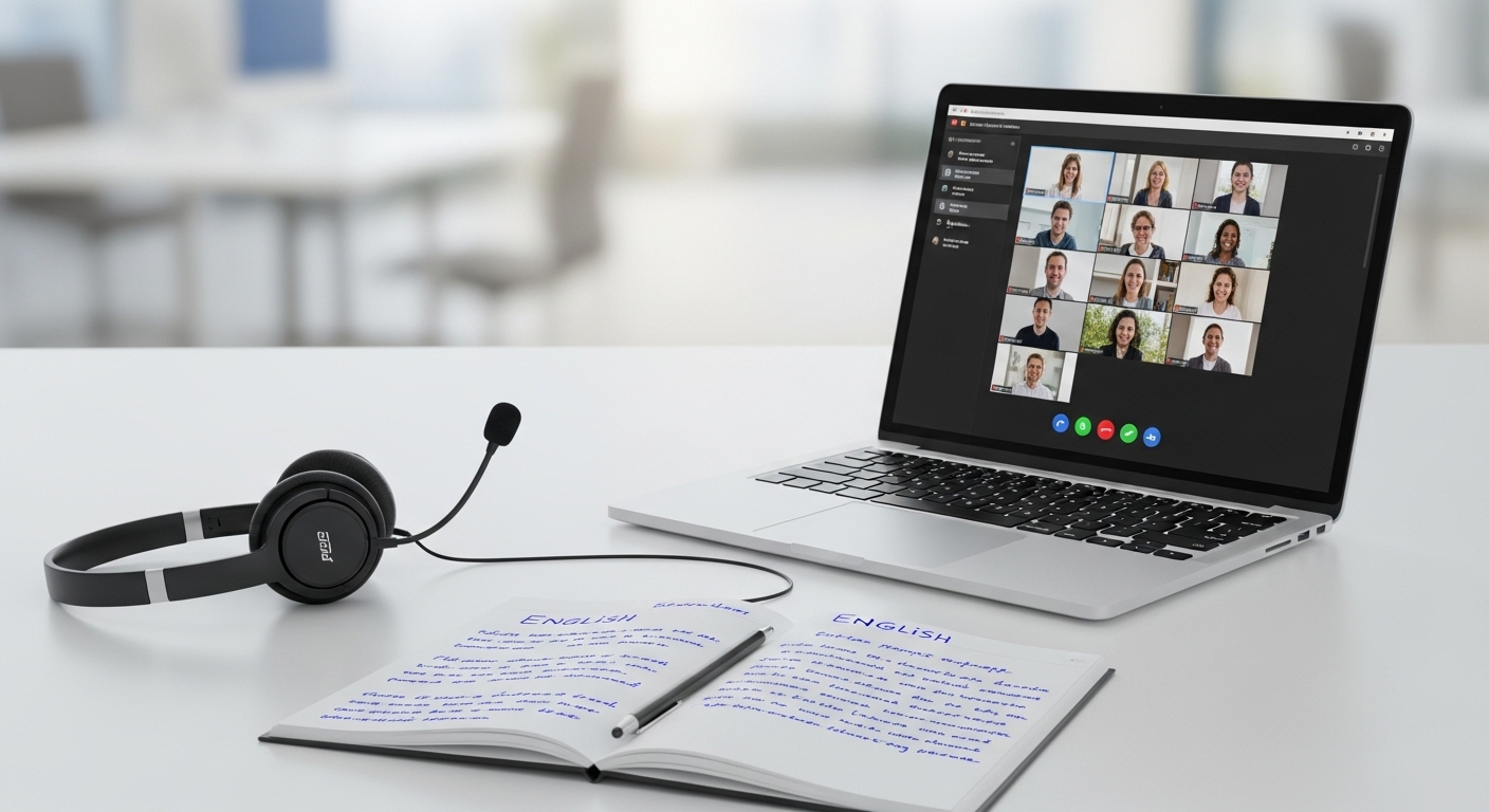 Bàn làm việc tối giản với laptop họp trực tuyến, tai nghe chuyên nghiệp và sổ ghi chú tiếng Anh. Một không gian lý tưởng để tìm hiểu về cách viết CV trợ giảng tiếng Anh hiệu quả.