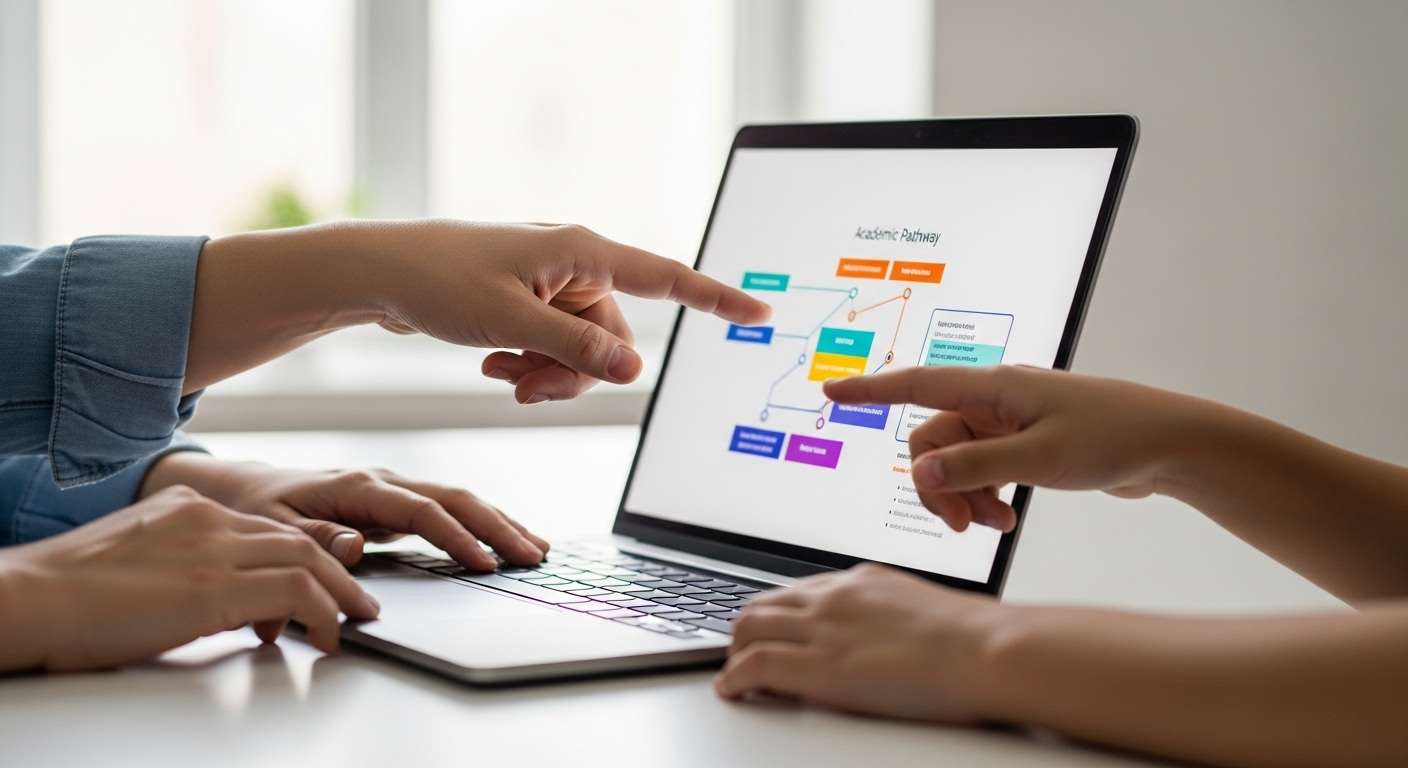 Tương tác trên laptop với biểu đồ lộ trình học thuật, hỗ trợ tư vấn và nắm bắt Quy chế tuyển sinh đại học 2026 hiệu quả.