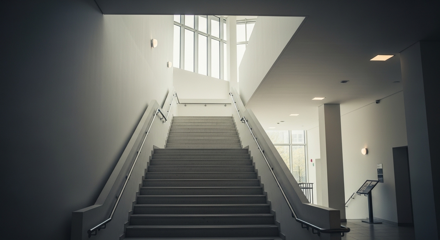 Cầu thang kiến trúc hiện đại, tối giản, hướng lên trong sảnh sáng; biểu tượng cho hành trình xây dựng và phát triển kỹ năng trong CV.