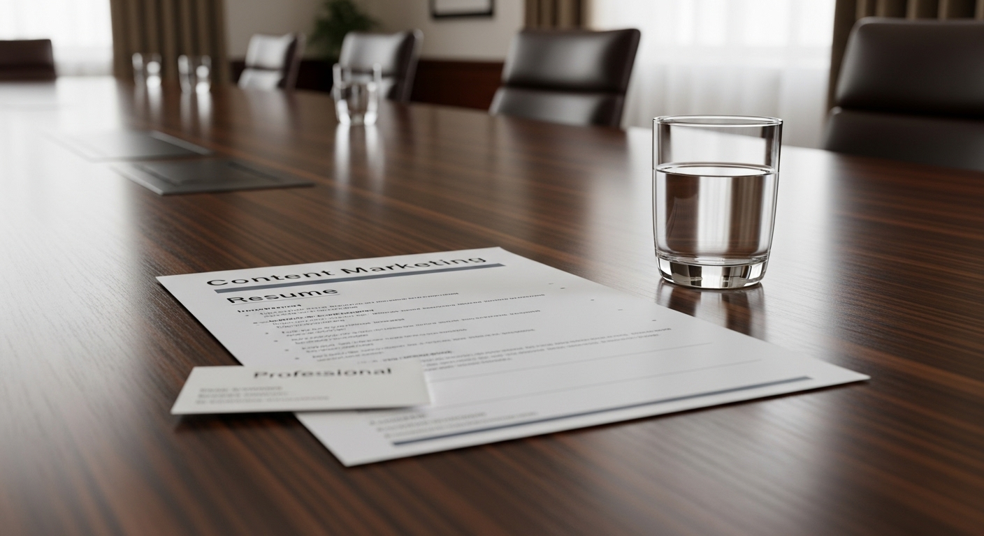 CV Content Marketing chuyên nghiệp trên bàn họp gỗ, cùng card visit và ly nước, minh họa cách viết CV Content Marketing hiệu quả.