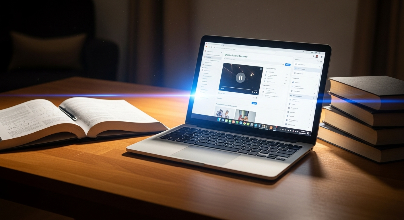 Bàn gỗ sạch sẽ với sách giáo trình mở, laptop hiển thị khóa học trực tuyến và sách tham khảo, thể hiện không gian học tập tích cực để phát triển kỹ năng và chọn ngành nghề phù hợp với bản thân.