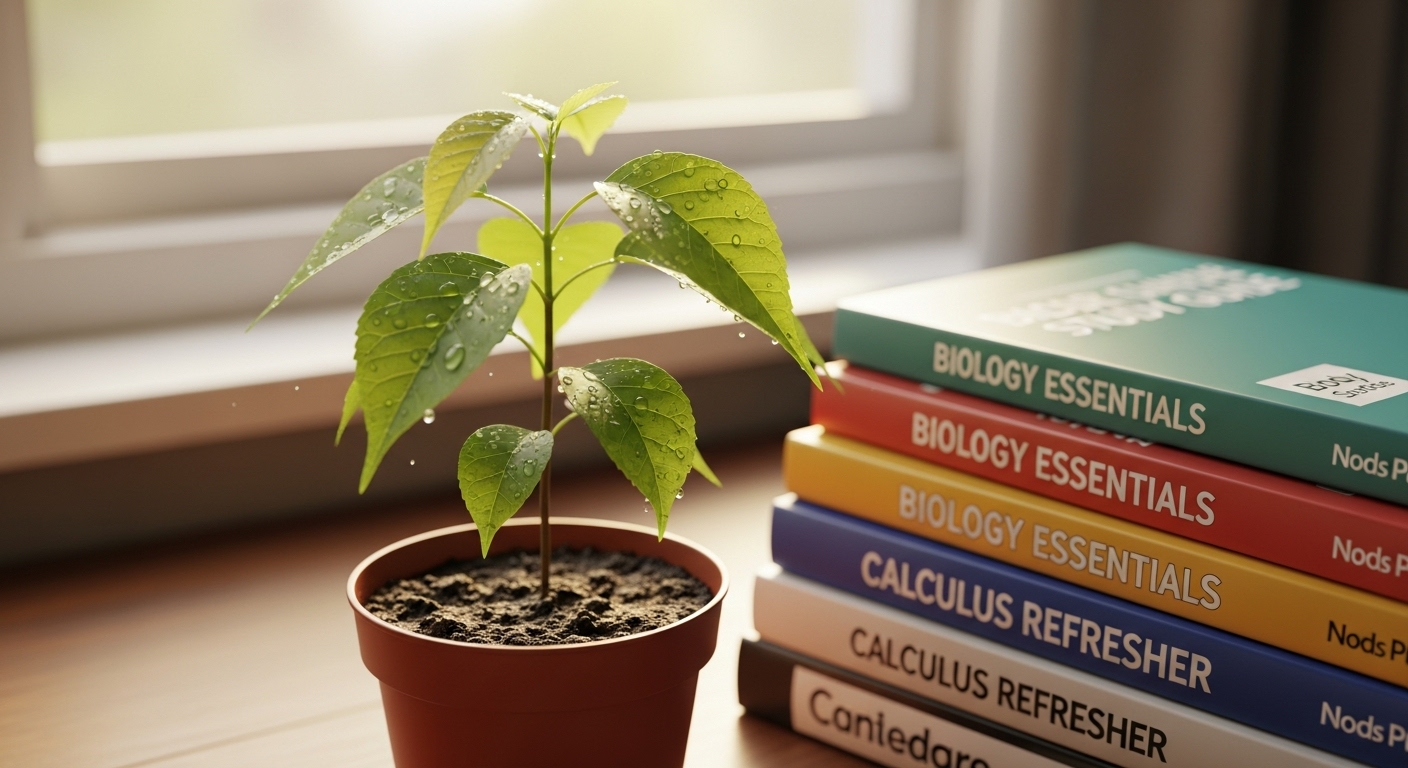 Cận cảnh cây non xanh tươi vừa được tưới, đặt trên bàn học cạnh chồng tài liệu ôn thi. Ánh nắng nhẹ chiếu rọi, tượng trưng cho nỗ lực học tập để vào các top trường THPT Việt Nam.