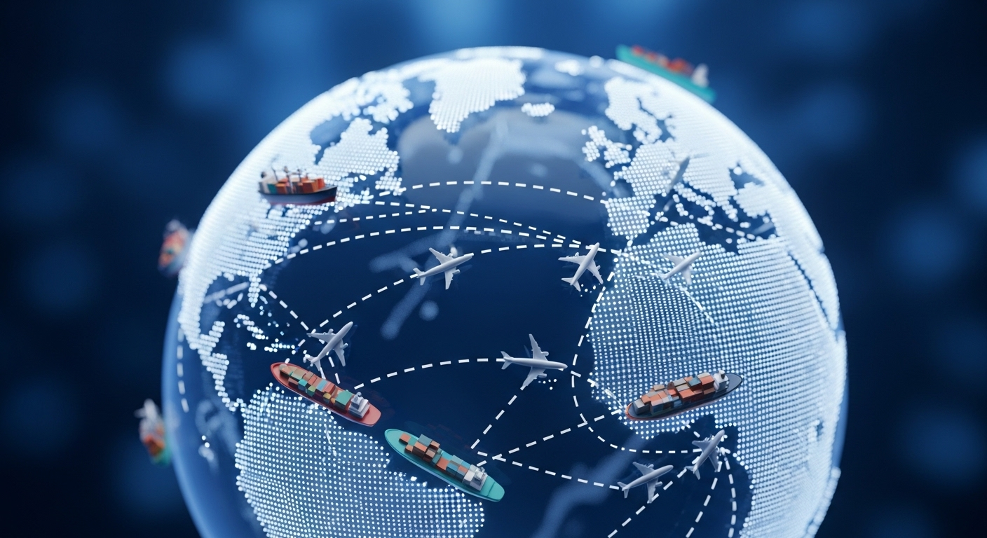 Quả địa cầu phát sáng với mạng lưới vận tải hàng hóa toàn cầu, minh họa chuỗi cung ứng và thủ tục hải quan quốc tế.