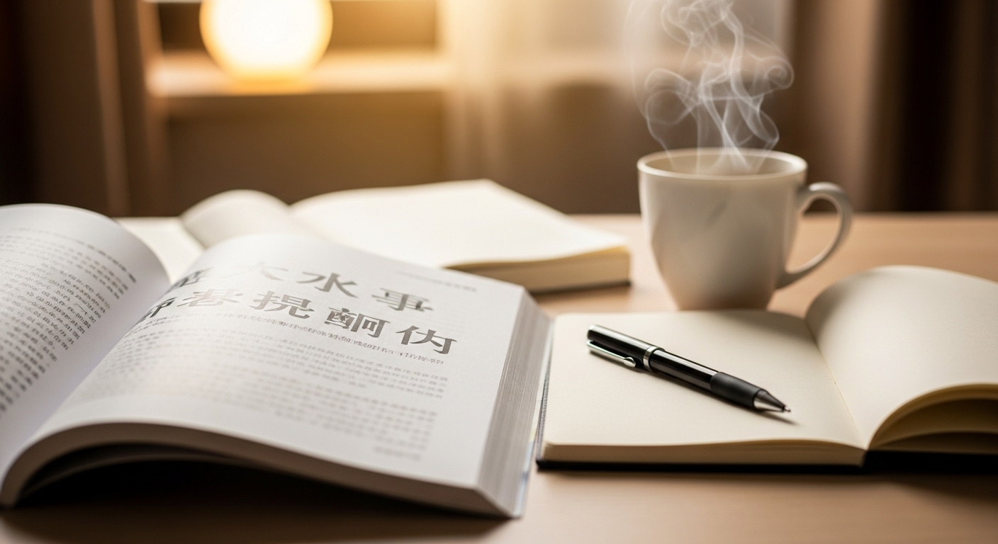 Không gian học tập ấm cúng với sách tiếng Trung mở và tách trà nóng, chuẩn bị cho cơ hội việc làm cho người biết tiếng Trung nhưng không có bằng đại học.