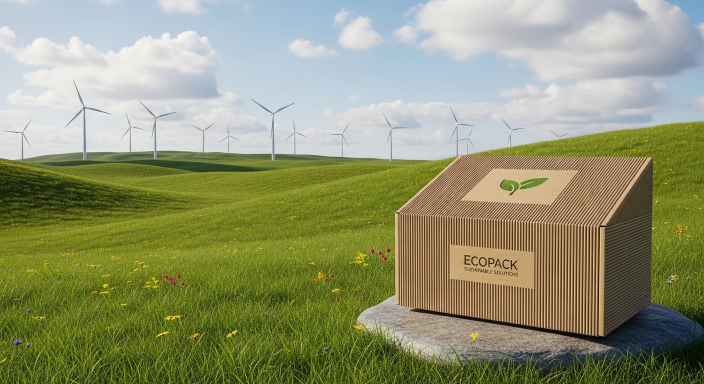 Hộp bao bì bền vững từ vật liệu tái chế đặt trên đá xám, trong khung cảnh xanh mướt với tuabin gió hiện đại. Hình ảnh tượng trưng cho kinh tế tuần hoàn và Logistic ngược trong quản lý và tái sử dụng vật liệu.
