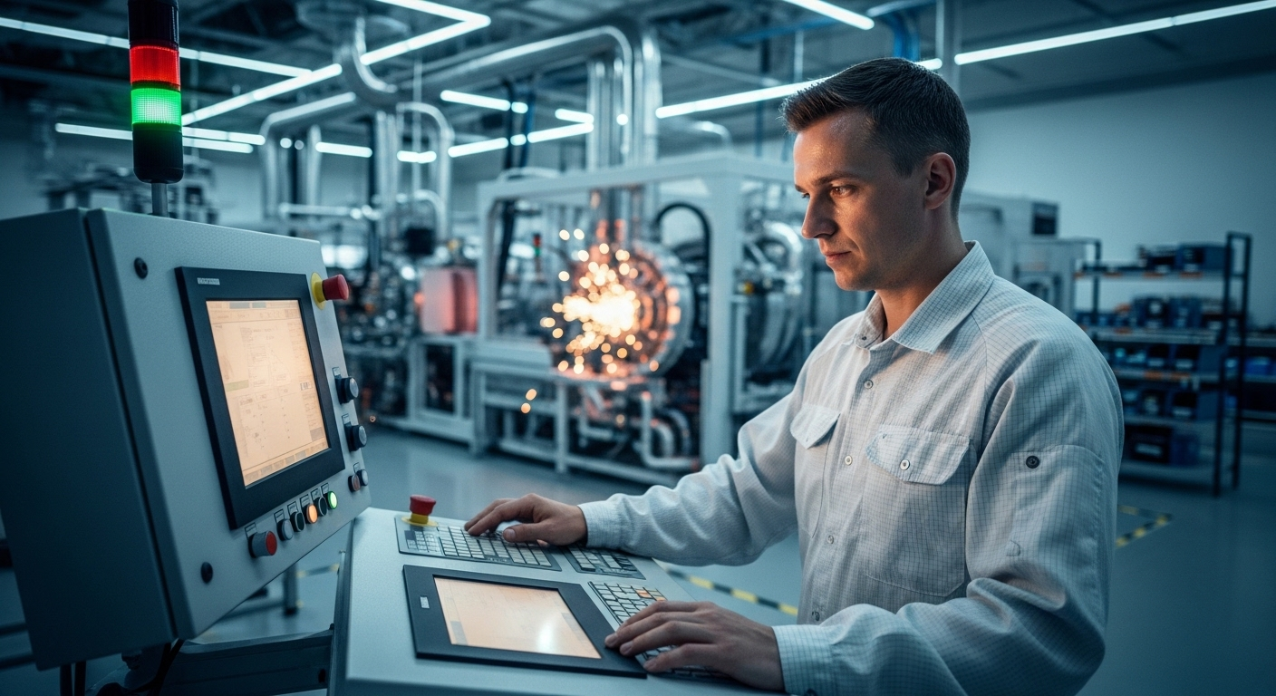 Kỹ thuật viên chuyên nghiệp vận hành chính xác máy móc tiên tiến trong nhà máy công nghệ cao, thể hiện kỹ năng thực hành vượt trội. Đây là minh chứng rõ nét về năng lực mà việc học Cao đẳng là gì mang lại.