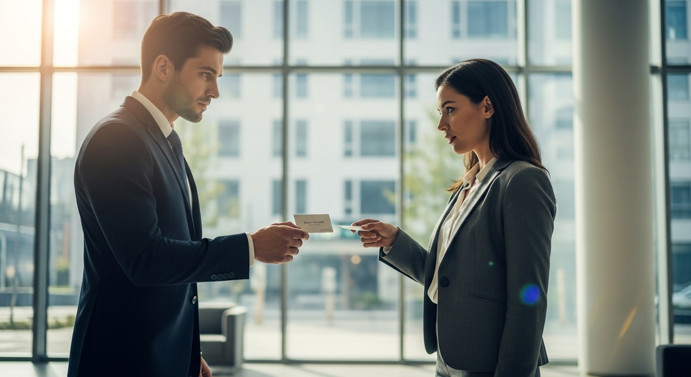 Hai chuyên gia kinh doanh trò chuyện nhanh, trao đổi danh thiếp trong sảnh văn phòng hiện đại, minh họa giao tiếp ban đầu quan trọng để hiểu Sales Pitch là gì trong kinh doanh.