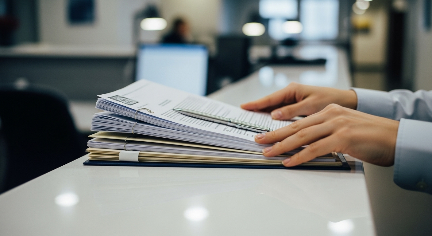 Đôi tay chuyên nghiệp đang đặt một chồng tài liệu chính thức, trong đó có bằng tốt nghiệp THPT, lên quầy thủ tục hành chính.