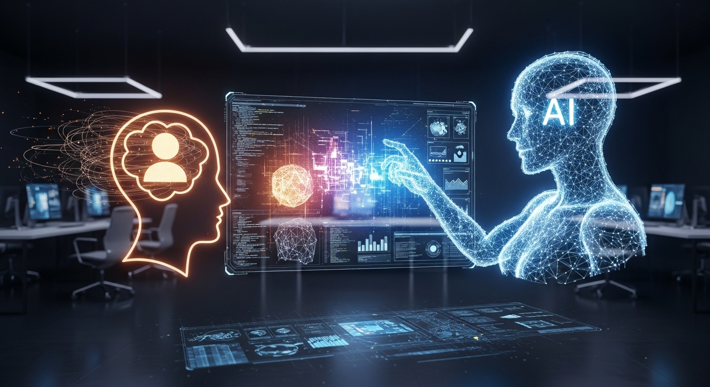 Hai thực thể số phát sáng (người và AI) hợp tác viết code, hợp nhất các đoạn mã trên màn hình ba chiều. Minh họa tương lai về cách ChatGPT viết code cùng phát triển dự án.