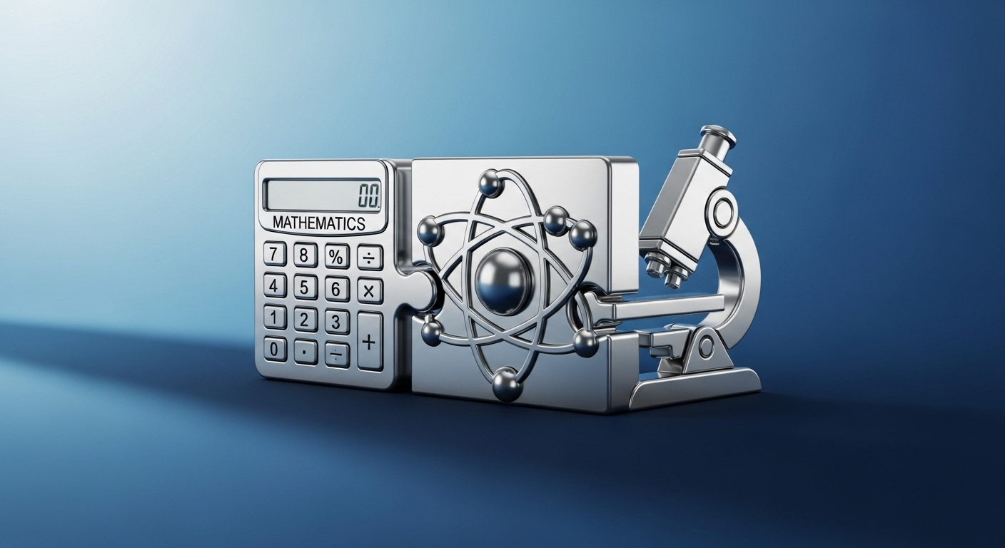 Hình ảnh ba biểu tượng Toán (máy tính), Hóa (mô hình nguyên tử), Sinh (kính hiển vi) lồng ghép thành một khối thi đại học thống nhất trên nền xanh gradient.