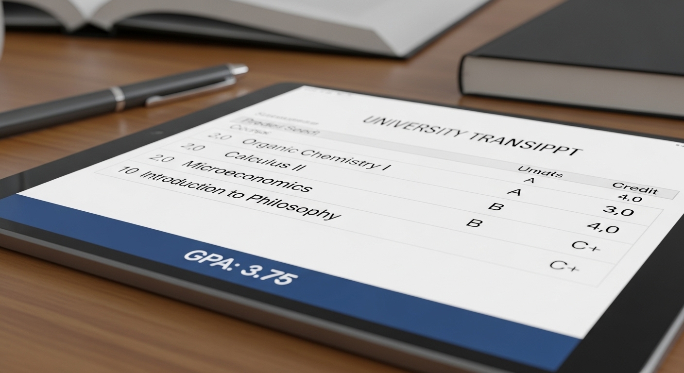 Ảnh cận cảnh màn hình máy tính bảng hiển thị bảng điểm đại học chi tiết, với các môn học, số tín chỉ, điểm chữ (A, B, C) và GPA, minh họa khái niệm tín chỉ là gì.