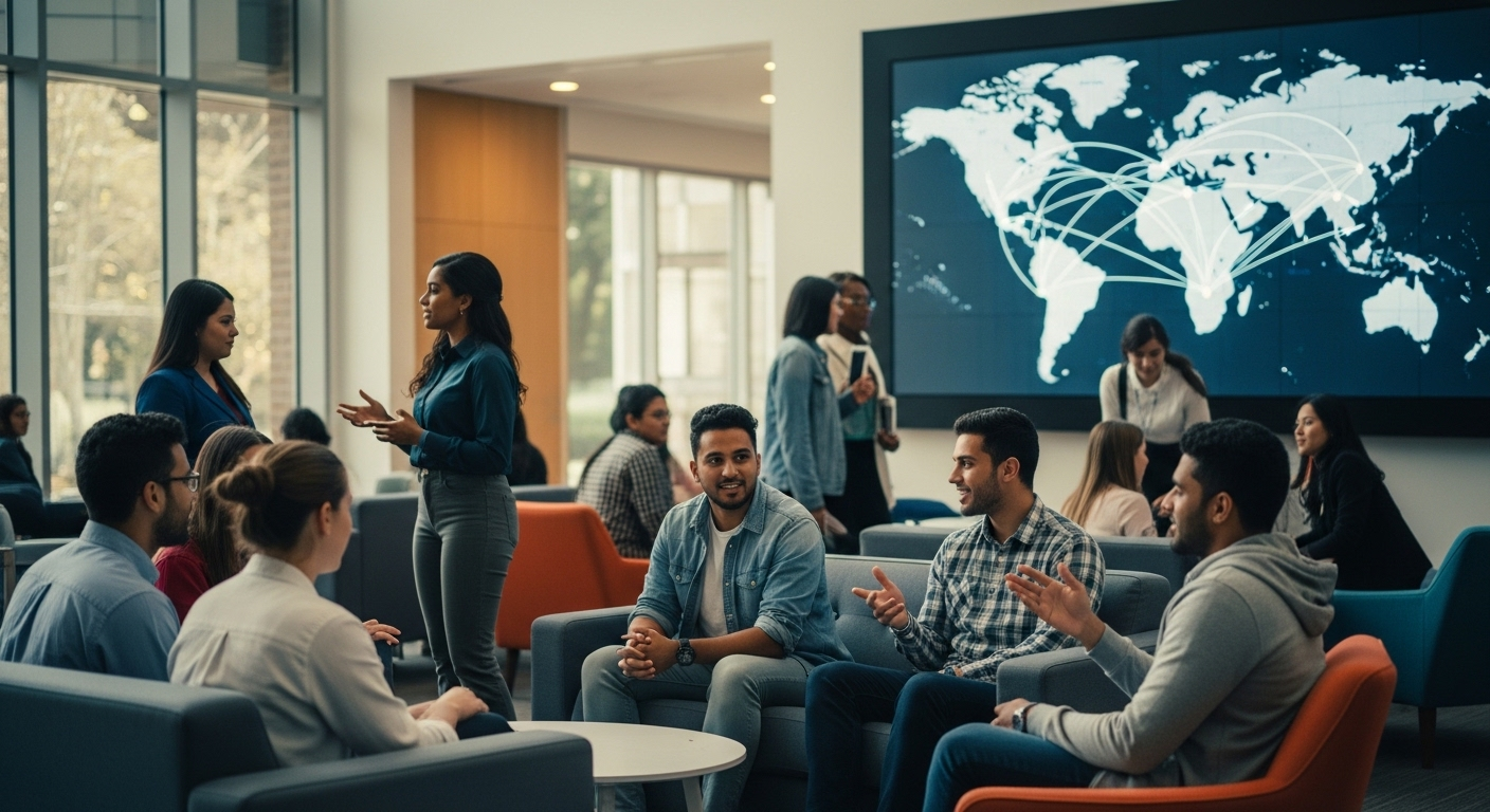Nhóm sinh viên quốc tế đa dạng trò chuyện tại khu vực chung hiện đại của một trường đại học top đầu Việt Nam, phía sau là màn hình kỹ thuật số hiển thị bản đồ thế giới.