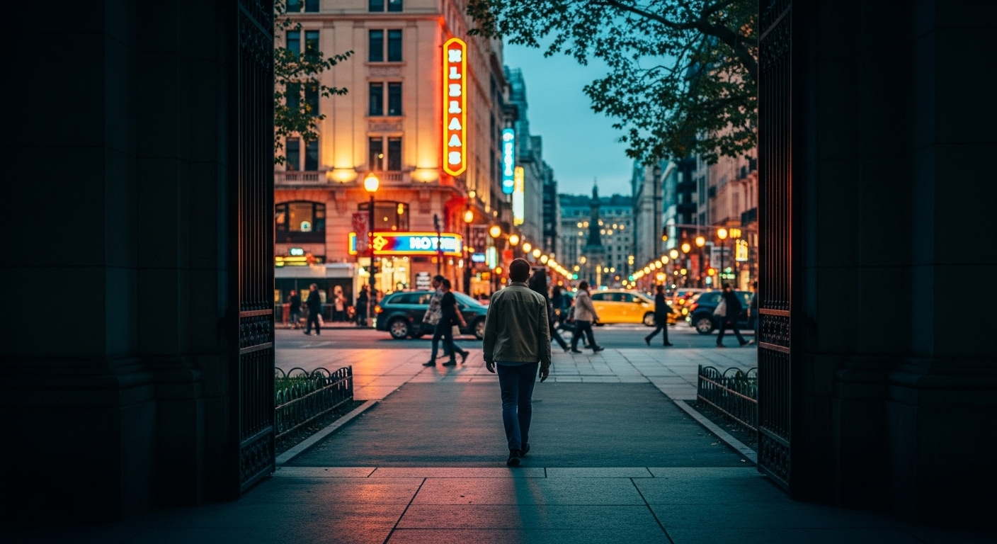 Hoàng hôn, một người cô độc hướng ngoại rời quảng trường thành phố sáng đèn, bước vào lối công viên tĩnh lặng phủ bóng, chuyển mình từ ồn ào sang bình yên.