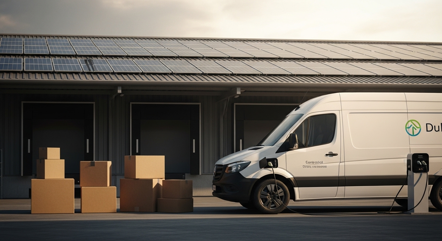 Xe tải điện giao hàng hiện đại đậu tại kho thân thiện môi trường có pin mặt trời, với hộp carton tái chế sẵn sàng vận chuyển. Đây là một ví dụ điển hình về Hậu cần là gì trong bối cảnh phát triển bền vững.