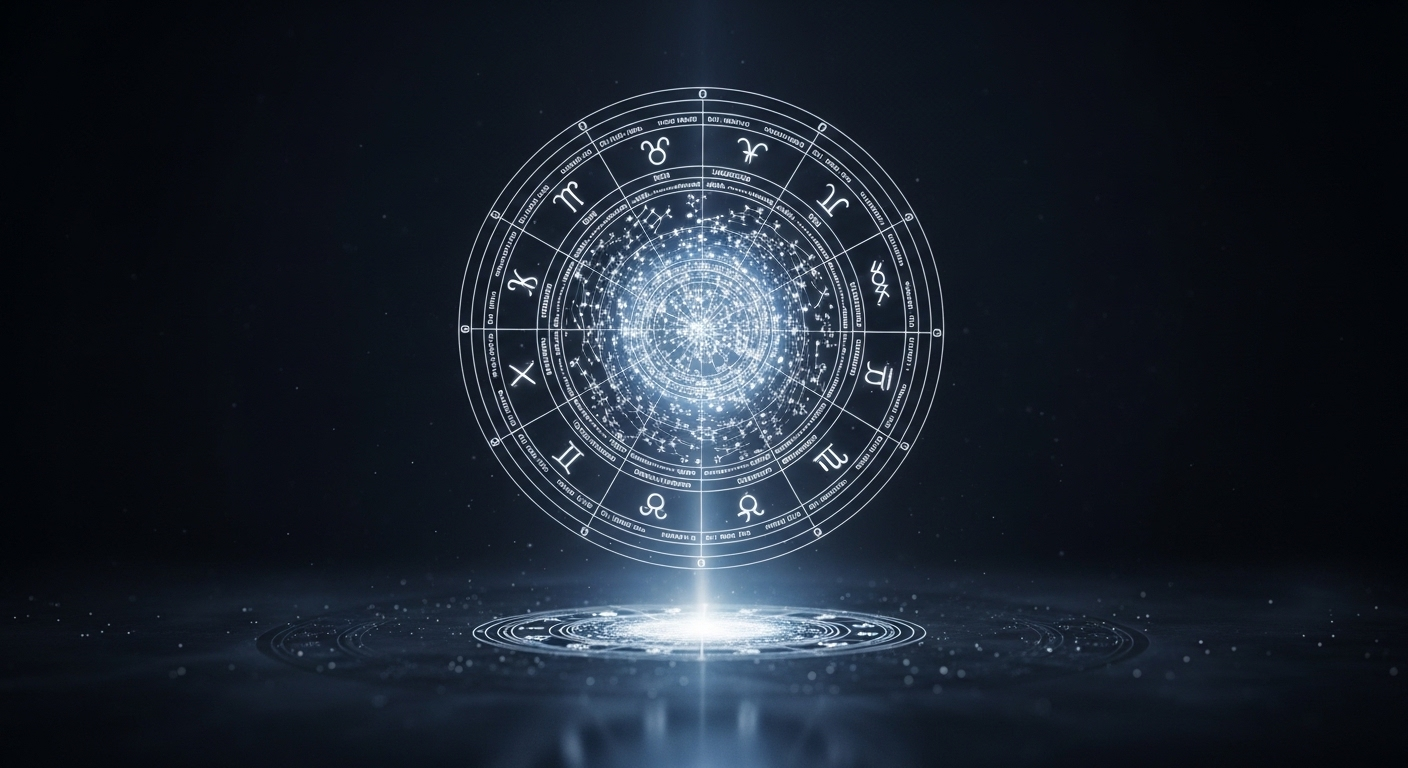 Bản đồ sao hologram 3D lung linh ánh sáng, với các biểu tượng hành tinh và cung hoàng đạo tinh xảo, lơ lửng trên nền tối phản chiếu cùng sương mù vũ trụ huyền ảo.