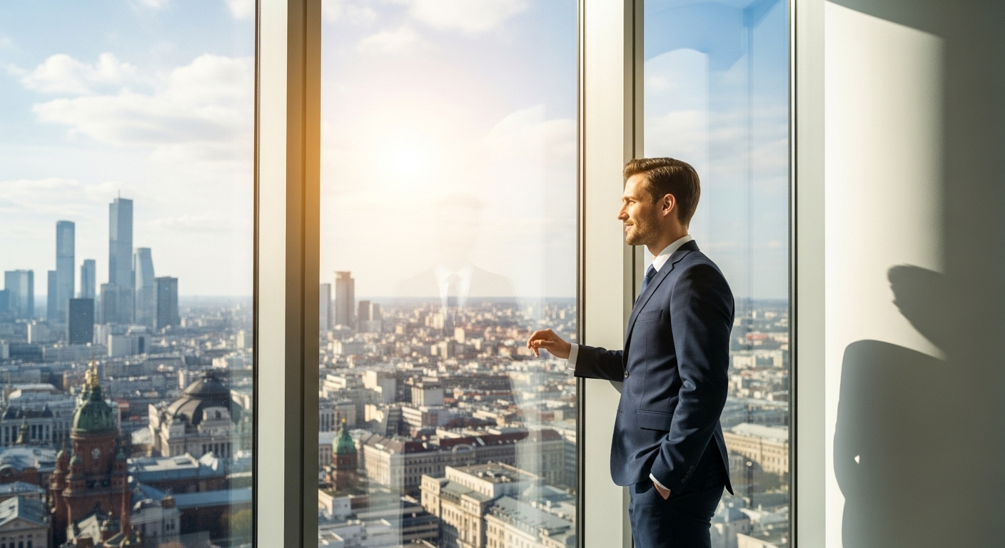 Chuyên gia tự tin trong văn phòng hiện đại, nhìn ra thành phố sôi động, thể hiện sự phát triển sự nghiệp và tiềm năng trong nghề quản lý KOL.