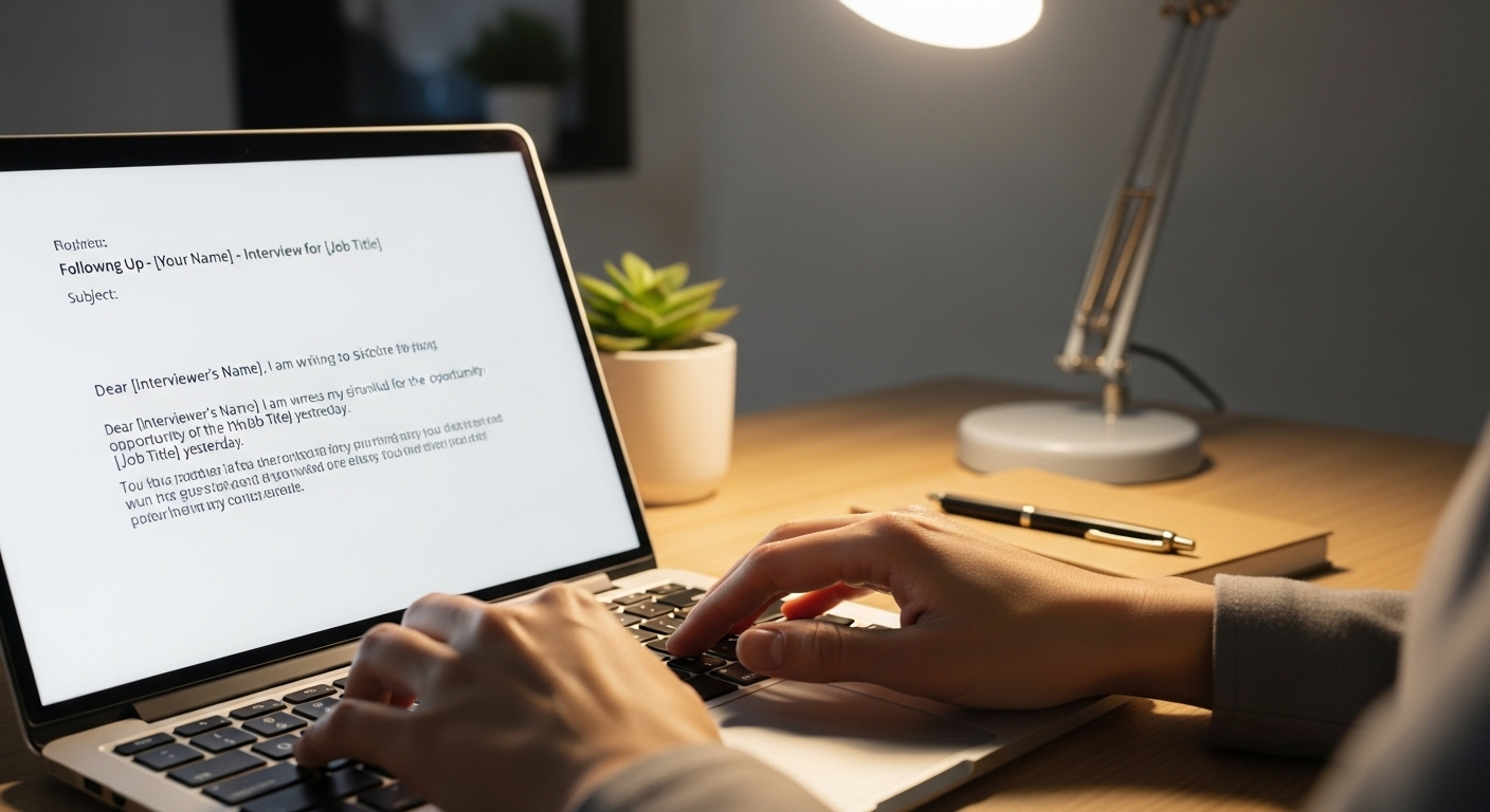Tay đang gõ email cảm ơn chuyên nghiệp trên laptop sau phỏng vấn, tìm kiếm phản hồi và có thể là lý do bị từ chối phỏng vấn.