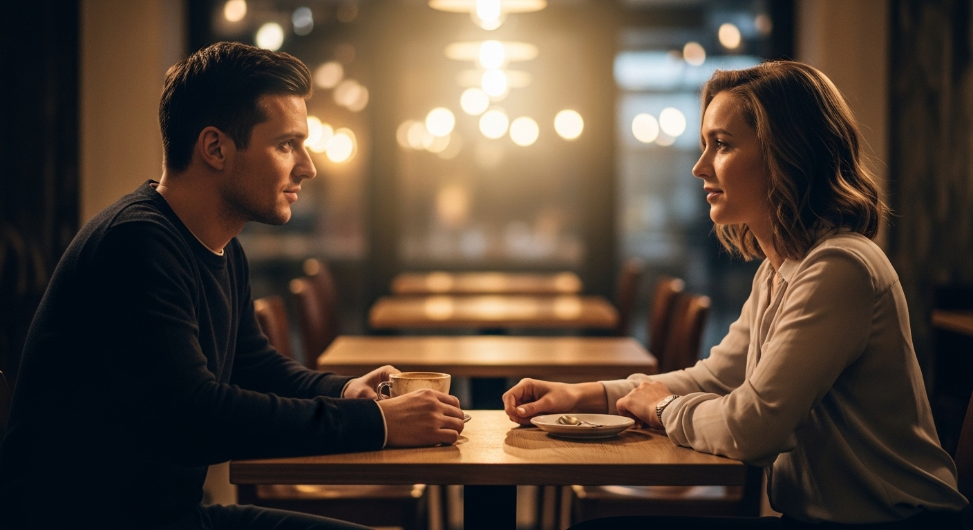Ảnh điện ảnh chân thực hai người trò chuyện thân mật trong quán cà phê ấm cúng, ánh sáng dịu nhẹ, minh họa rõ nét phông bạt là gì trong việc tạo nên không gian và cảm xúc.
