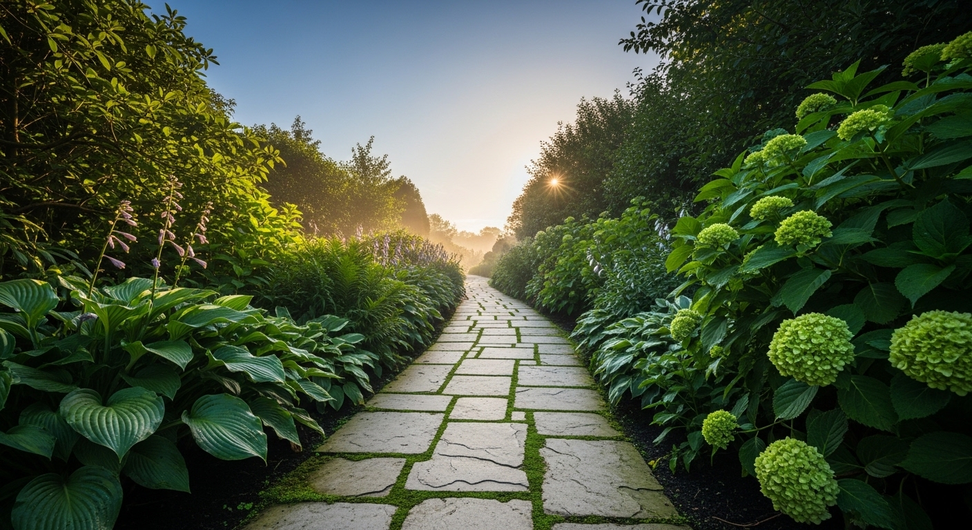 Con đường vườn xanh mướt, rõ ràng hướng tới chân trời nắng, tượng trưng cho lộ trình phát triển bền vững, được củng cố bằng cách giải quyết vấn đề với cấp dưới hiệu quả.