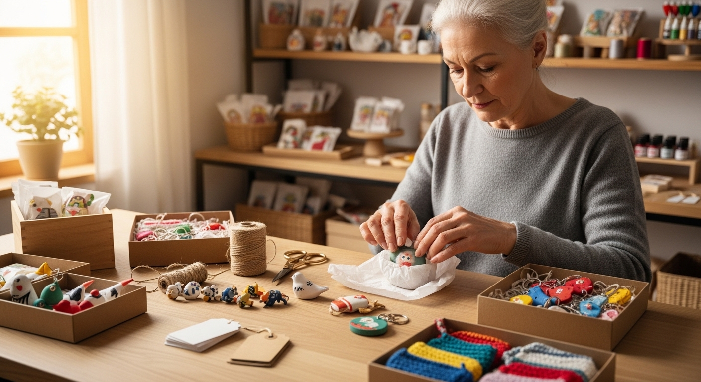 Cụ bà đang cẩn thận đóng gói sản phẩm thủ công trên bàn gỗ trong xưởng tại gia sáng sủa, một việc làm cho người lớn tuổi giúp duy trì sự năng động và có thu nhập.