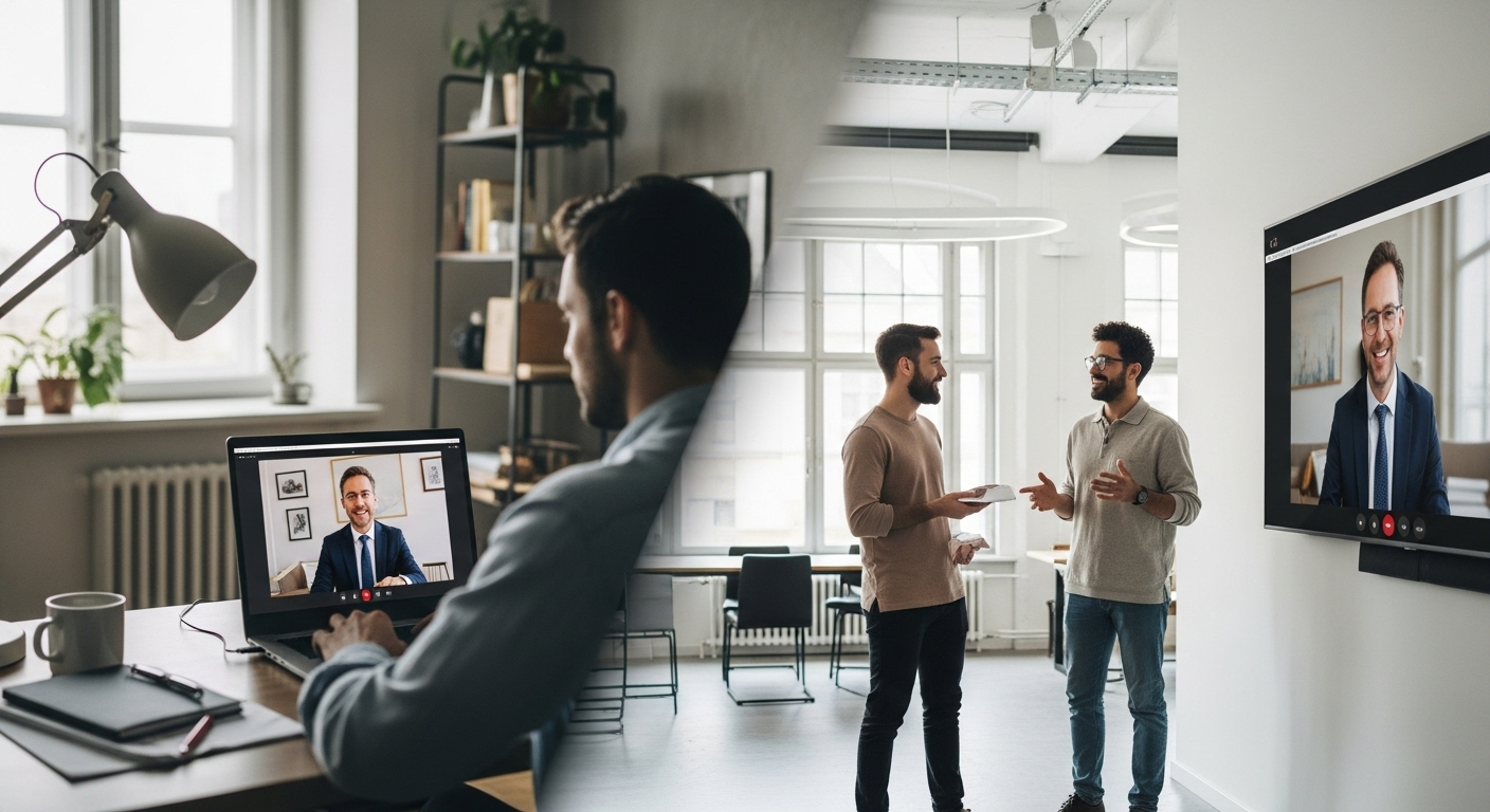 một người làm việc tại văn phòng tại nhà tiện nghi và hai đồng nghiệp tương tác tại văn phòng mở hiện đại, tất cả cùng tham gia hội nghị trực tuyến.