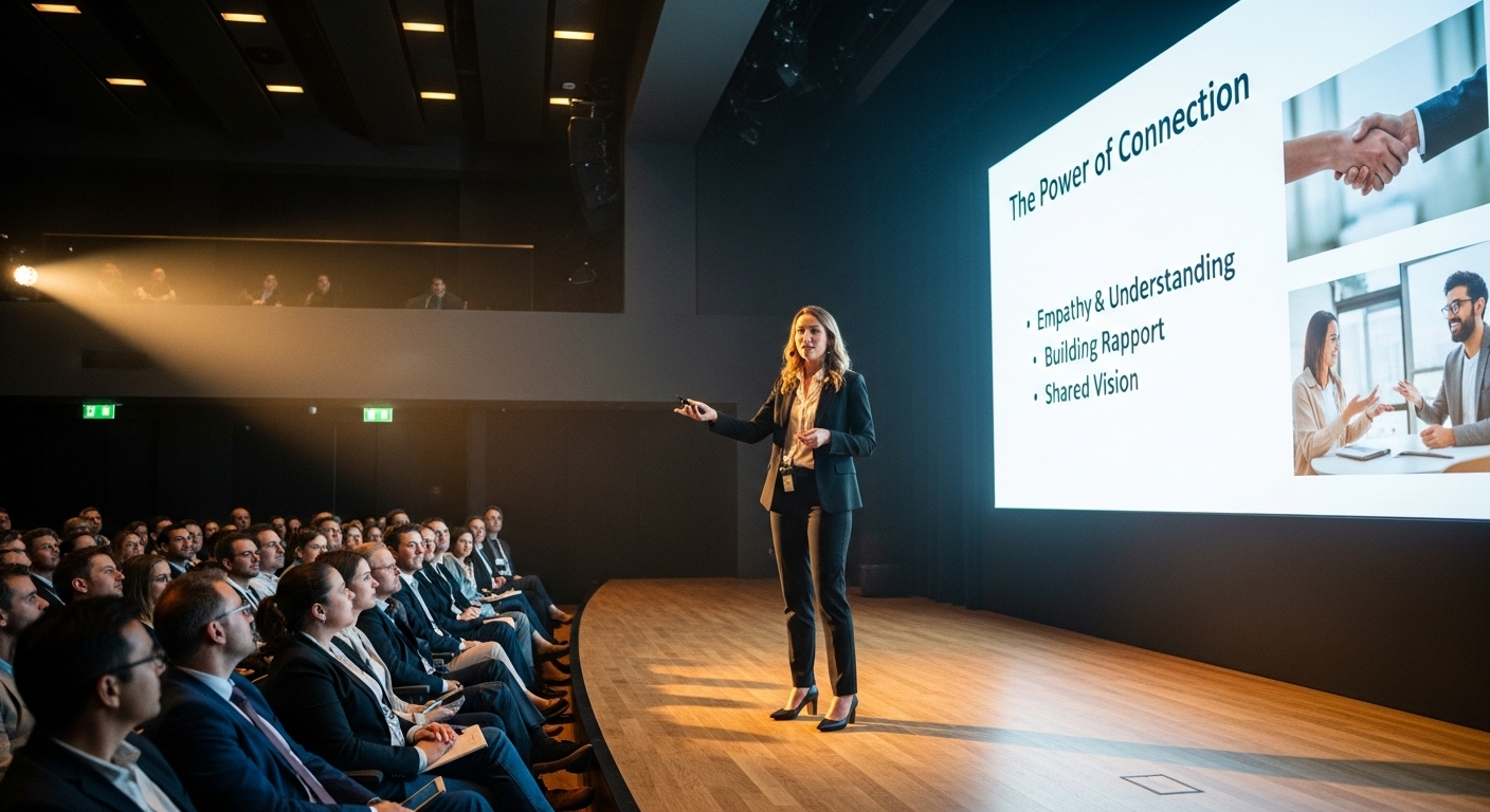 Diễn giả tự tin trình bày ý tưởng với slide rõ nét trong khán phòng hiện đại, minh họa kỹ năng giao tiếp và thuyết phục – những kỹ năng nhà tuyển dụng luôn tìm kiếm.