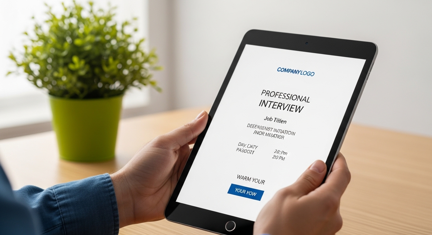 Tay đang giữ máy tính bảng hiển thị thư mời phỏng vấn qua mail chuyên nghiệp, trên nền bàn làm việc yên tĩnh có cây xanh.