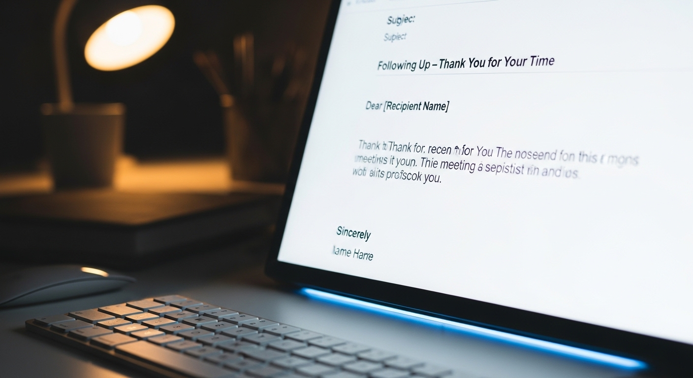 Màn hình máy tính hiển thị thư cảm ơn sau phỏng vấn bằng tiếng Anh chuyên nghiệp, được soạn thảo rõ ràng.