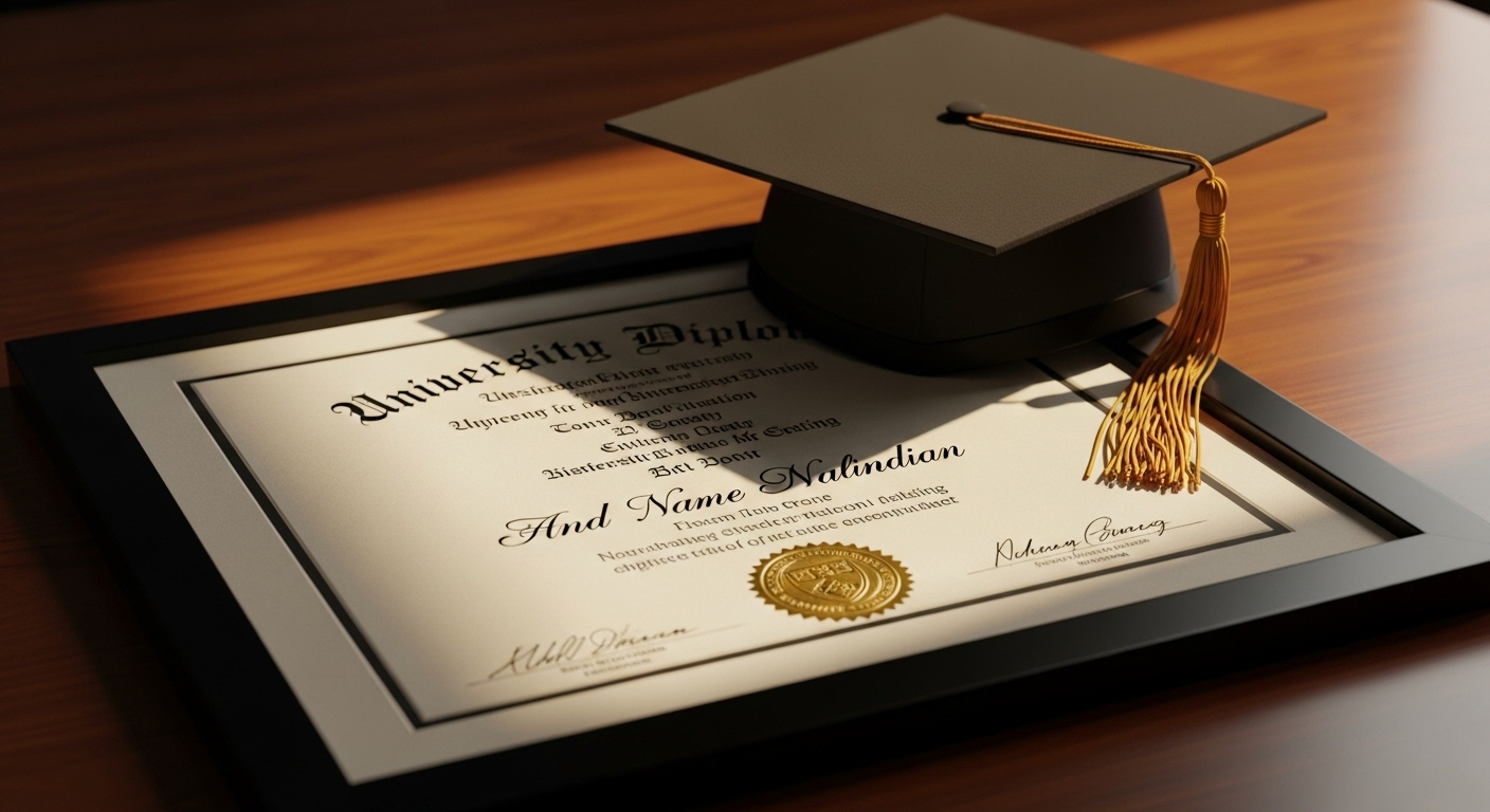 Cận cảnh bằng tốt nghiệp đại học top đầu Việt Nam được đóng khung trang nhã và mũ cử nhân trên bàn gỗ bóng, dưới ánh sáng ấm áp. Cận cảnh bằng tốt nghiệp đại học top đầu Việt Nam được đóng khung trang nhã và mũ cử nhân trên bàn gỗ bóng, dưới ánh sáng ấm áp.