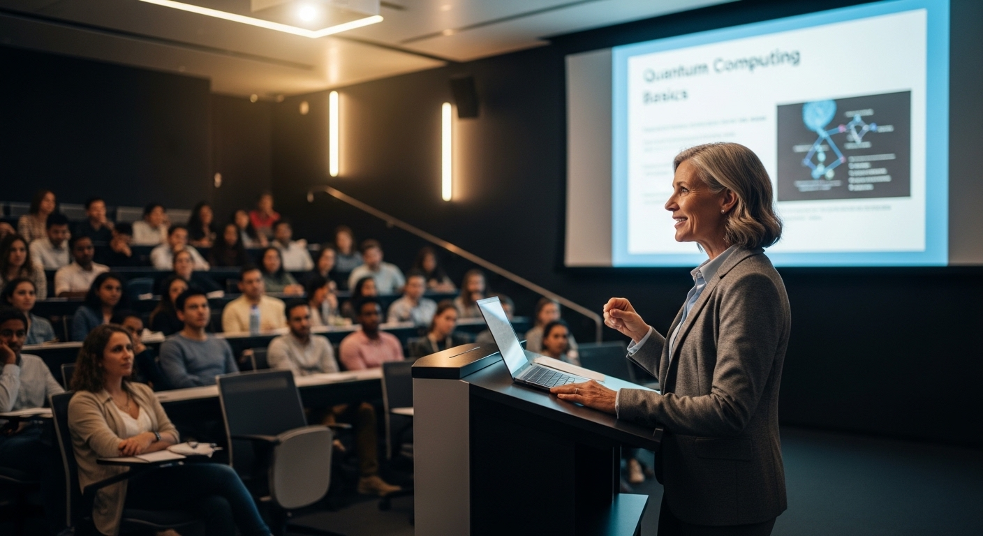 Giảng viên đại học giàu kinh nghiệm đứng bục giảng trong giảng đường hiện đại, truyền tải kiến thức cho sinh viên chăm chú, một hình ảnh tiêu biểu tại các trường đại học top đầu miền Bắc.