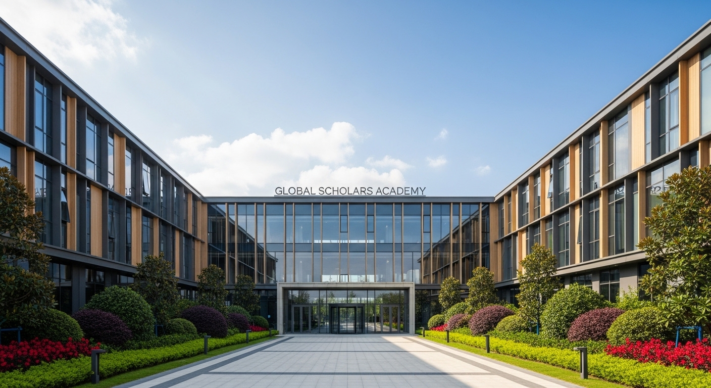 Lối vào chính hiện đại của trường quốc tế ở Hà Nội, với kiến trúc kính đương đại, lối đi rộng rãi và vườn cây xanh tươi, hoa rực rỡ dưới bầu trời trong xanh.