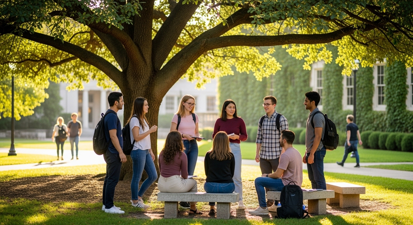 Sinh viên thảo luận nhóm sôi nổi dưới tán cây trong khuôn viên đại học, phản ánh môi trường học tập chất lượng của tốp 100 trường đại học chất lượng nhất Việt Nam. Sinh viên thảo luận nhóm sôi nổi dưới tán cây trong khuôn viên đại học, phản ánh môi trường học tập chất lượng của tốp 100 trường đại học chất lượng nhất Việt Nam.