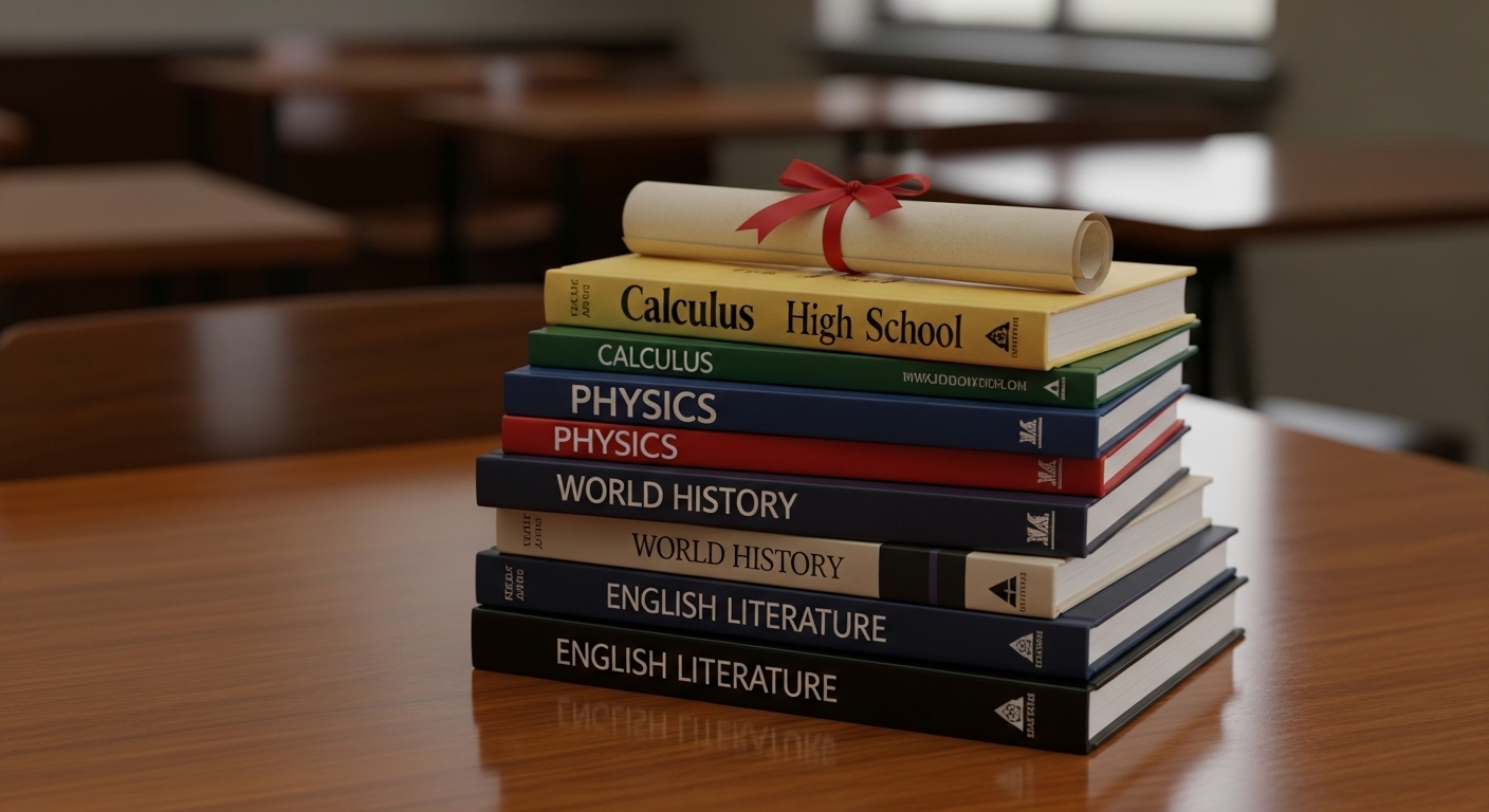 Sách giáo khoa và bằng tốt nghiệp THPT đặt gọn gàng trên bàn gỗ, hình ảnh thành quả học tập đáng tự hào tại một trường THPT tốt nhất Hà Nội.